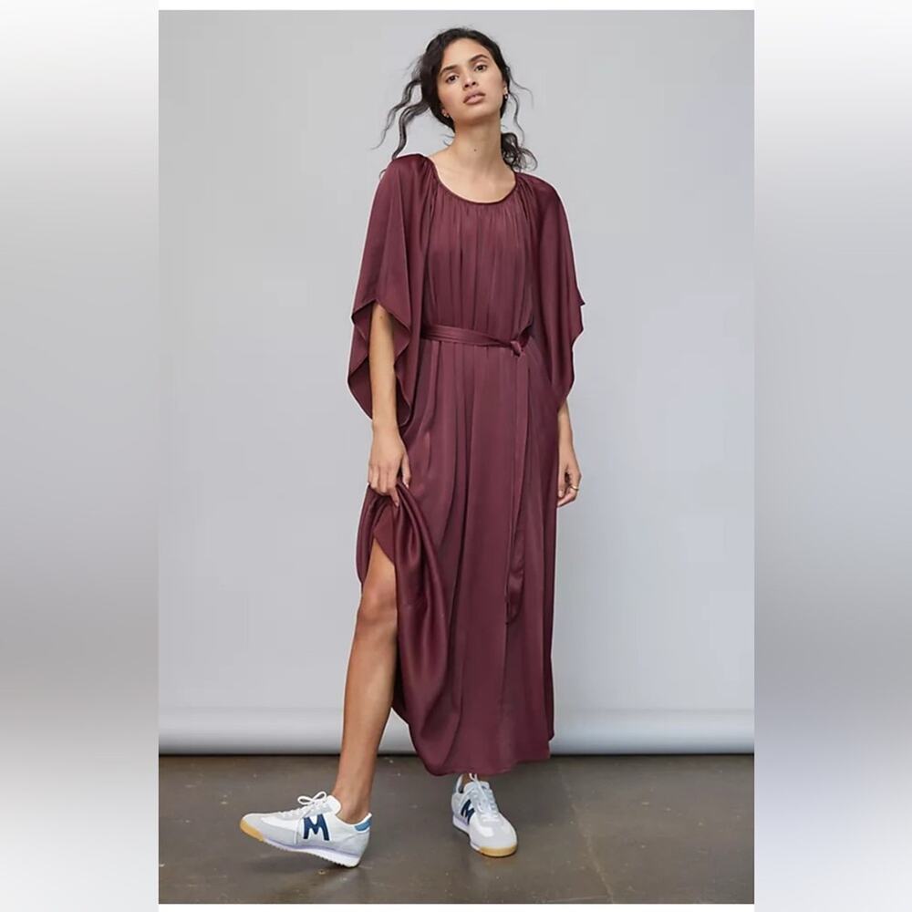 Anthropologie Cecile Wine Kimono Sleeve Satin Draped Maxi Dress Tie Waist S - Picture 1 of 13